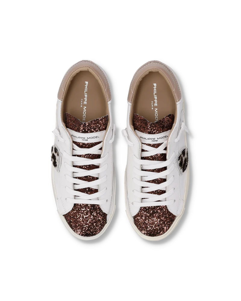 Sneakers Prsx Women with Animal-Print Shield, White Bronze Beige
