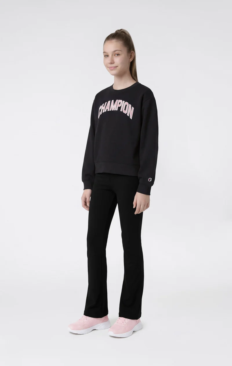 Girls' Crew Neck Tracksuit with Logo, Flared Trousers and Brushed Inside