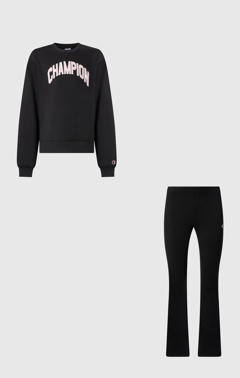 Girls' Crew Neck Tracksuit with Logo, Flared Trousers and Brushed Inside