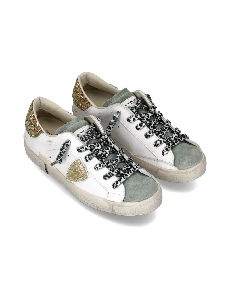 Sneakers Prsx Women with Glitter heel tab, White Light Blue Gold