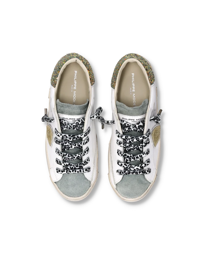 Sneakers Prsx Women with Glitter heel tab, White Light Blue Gold