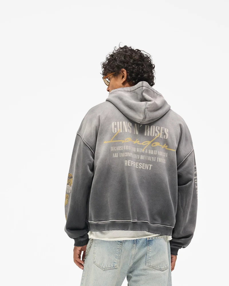 Represent X Guns N' Roses Cross Zip Through Hoodie - Stained Black