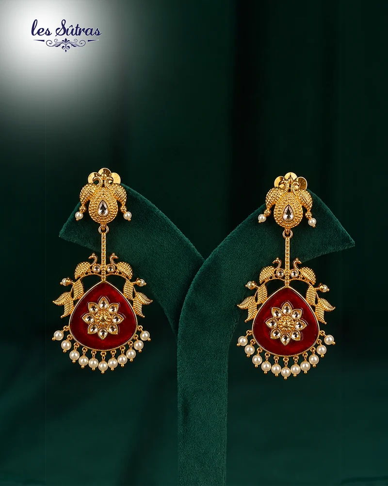 Ruby Red Peacock Drop Earrings