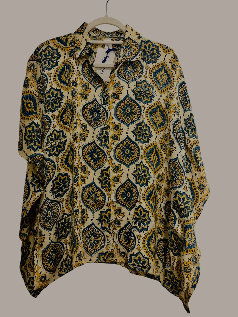Modal Silk Kaftan - Block Print Top - Ivory and Blue