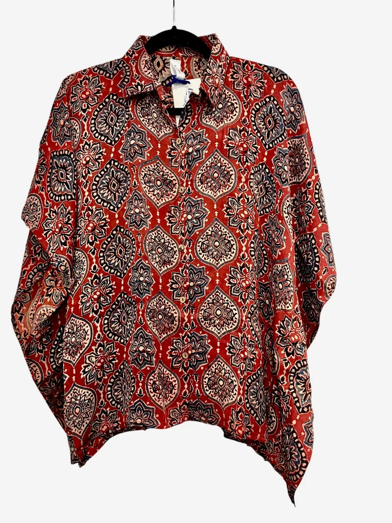 Modal Silk Kaftan - Block Print Top - Rust Brown