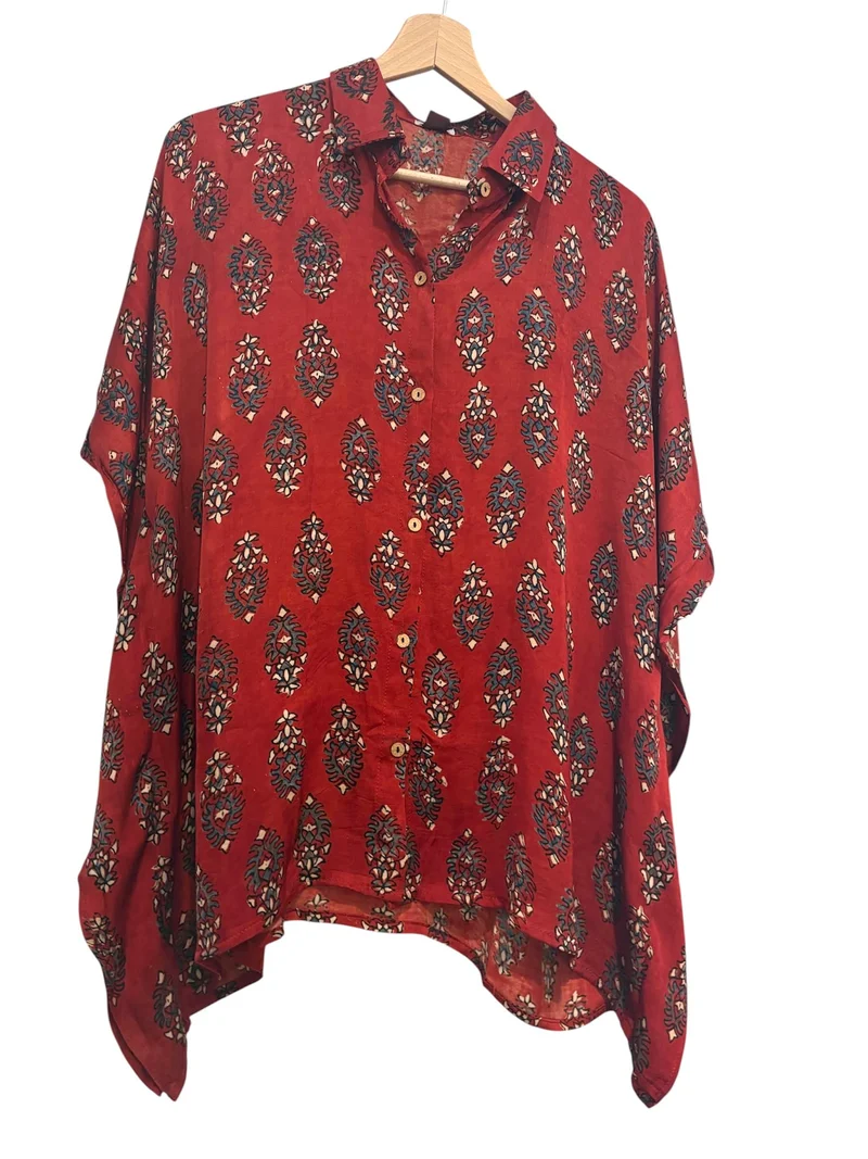 Modal Silk Kaftan - Block Print Top - Red