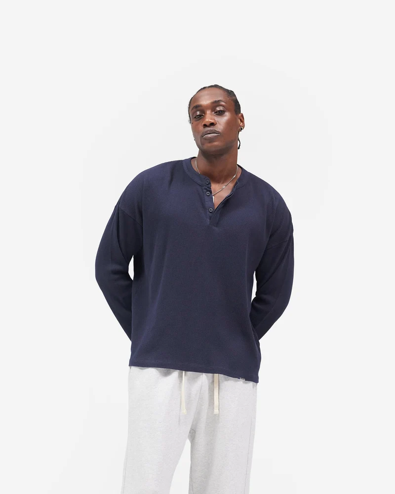 Initial Henley Waffle Long Sleeve T-Shirt - Midnight Navy
