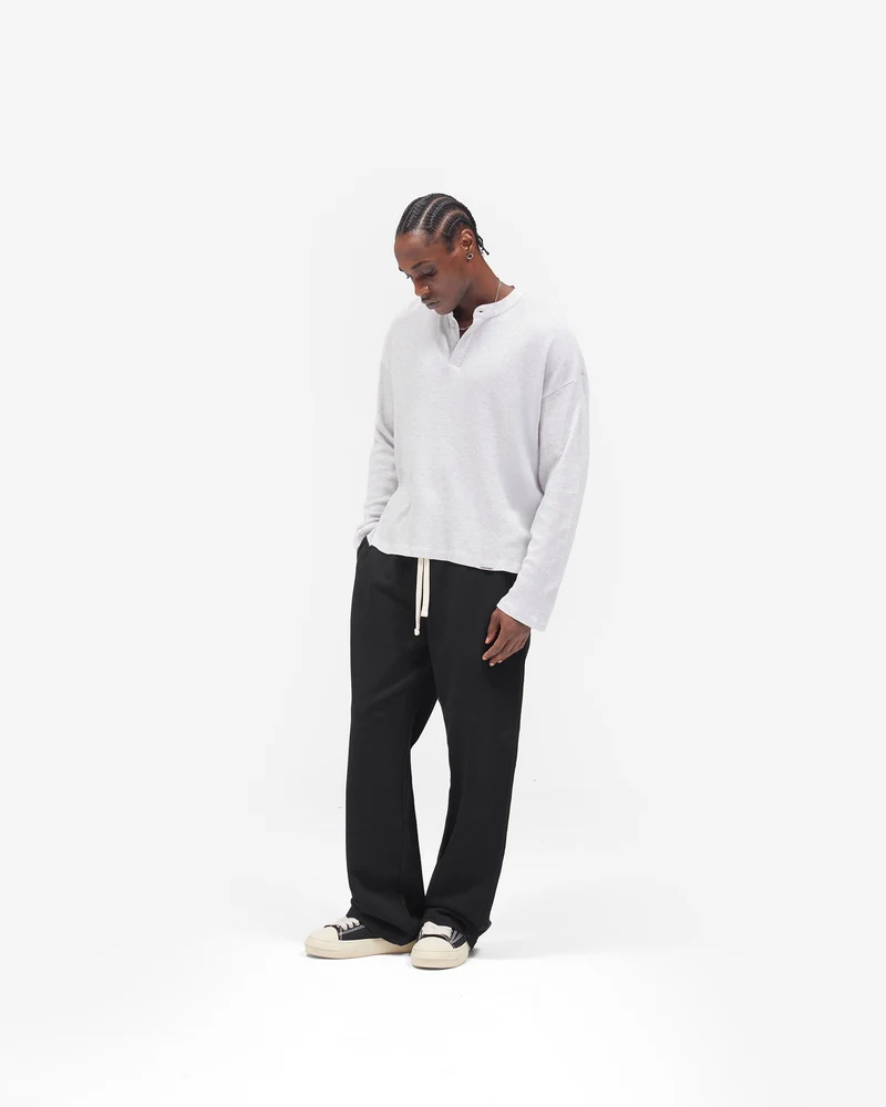 Initial Henley Waffle Long Sleeve T-Shirt - Ice Grey Marl