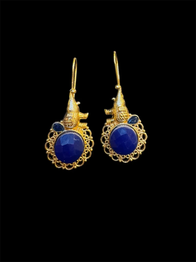 Gold and blue stone heritage dangler earrings