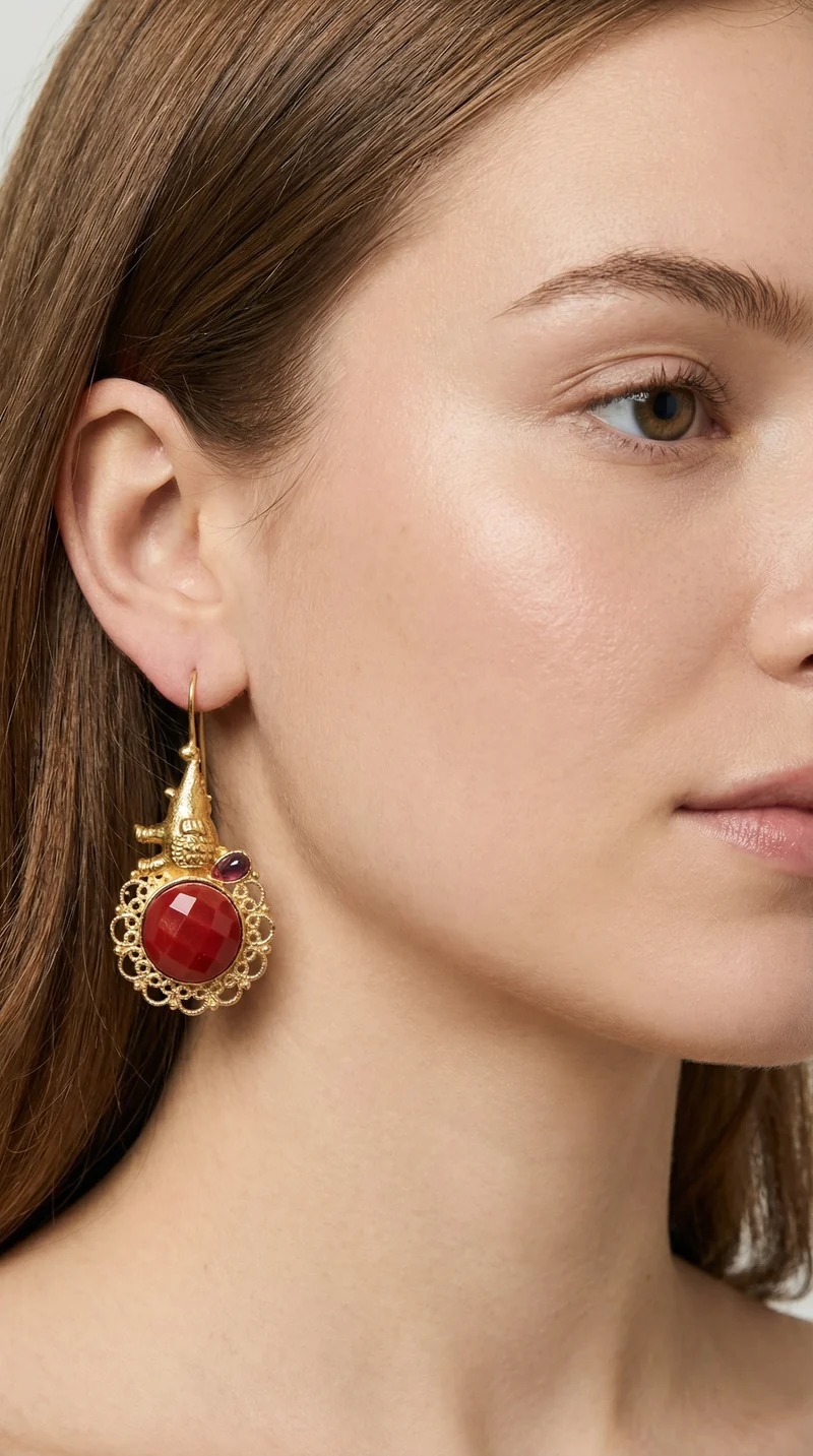 Gold and red stone heritage dangler earrings