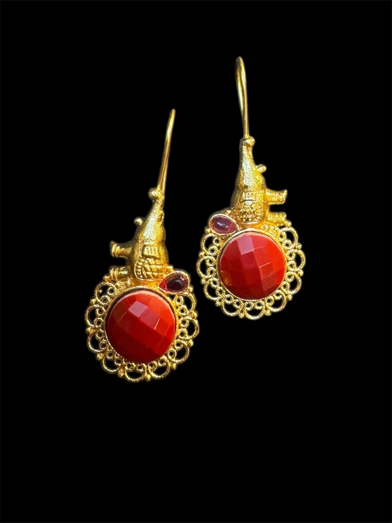 Gold and red stone heritage dangler earrings