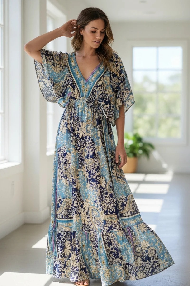 Blue and Beige Silk Viscose Dress