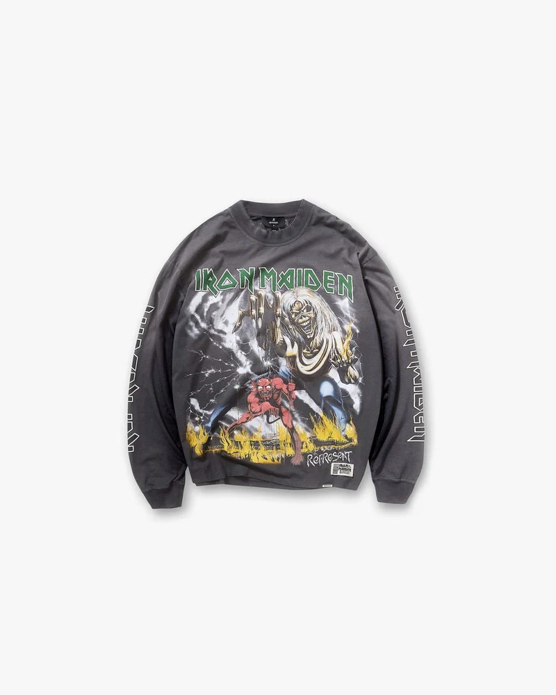 Represent X Iron Maiden Number Of The Beast Long Sleeve T-Shirt - Sunfade Grey