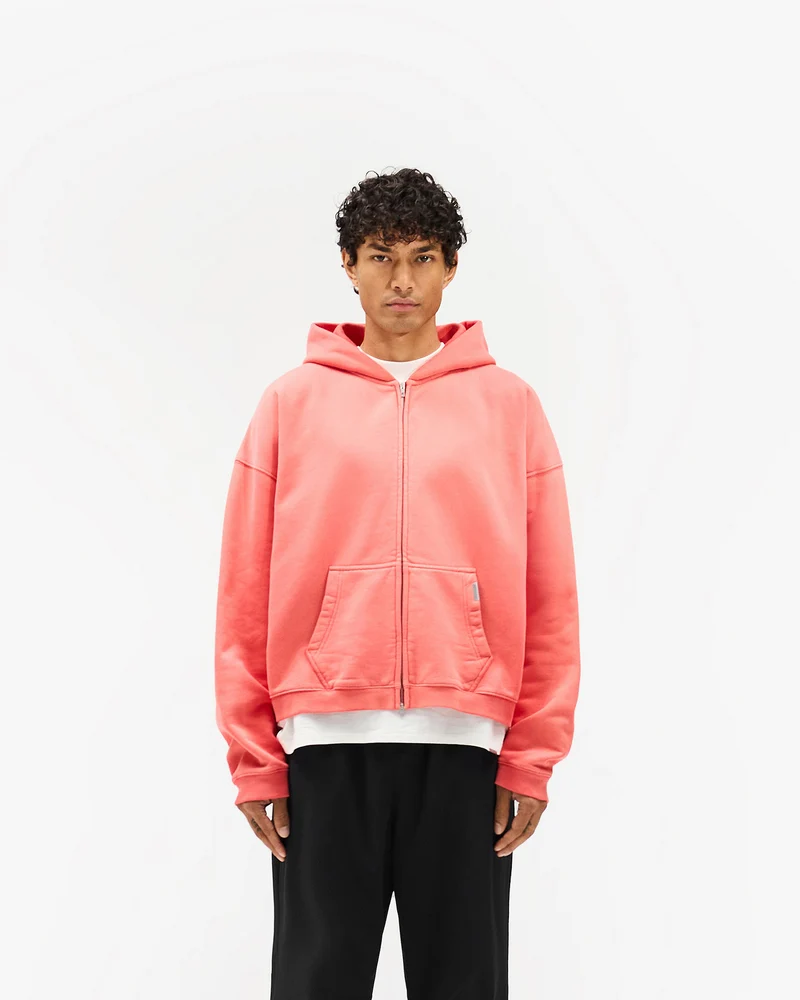 Initial Boxy Zip Through Hoodie - Vintage Red