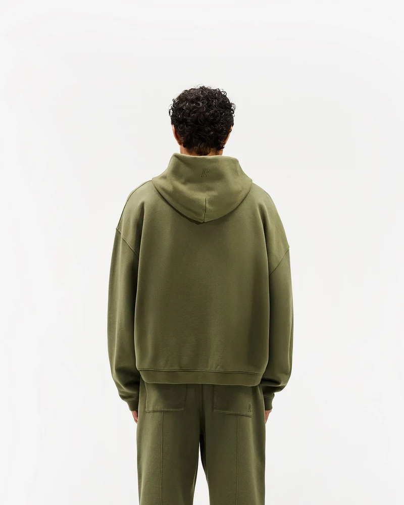 Initial Boxy Zip Through Hoodie - Army Green