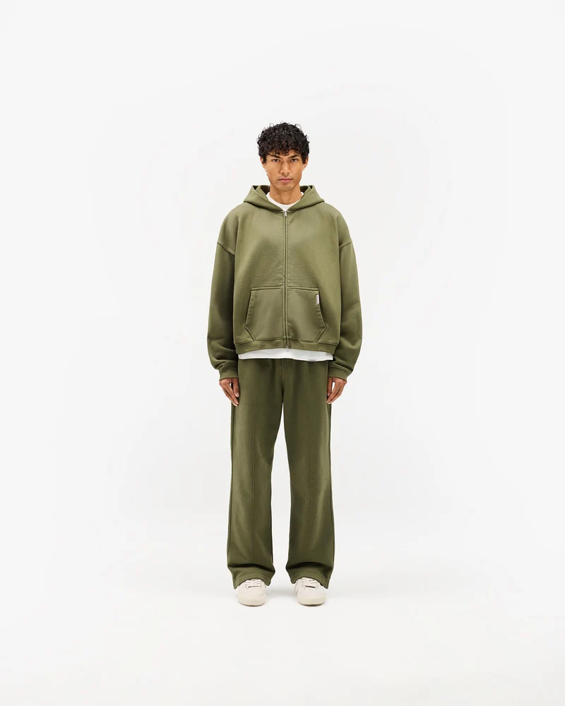 Initial Boxy Zip Through Hoodie - Army Green