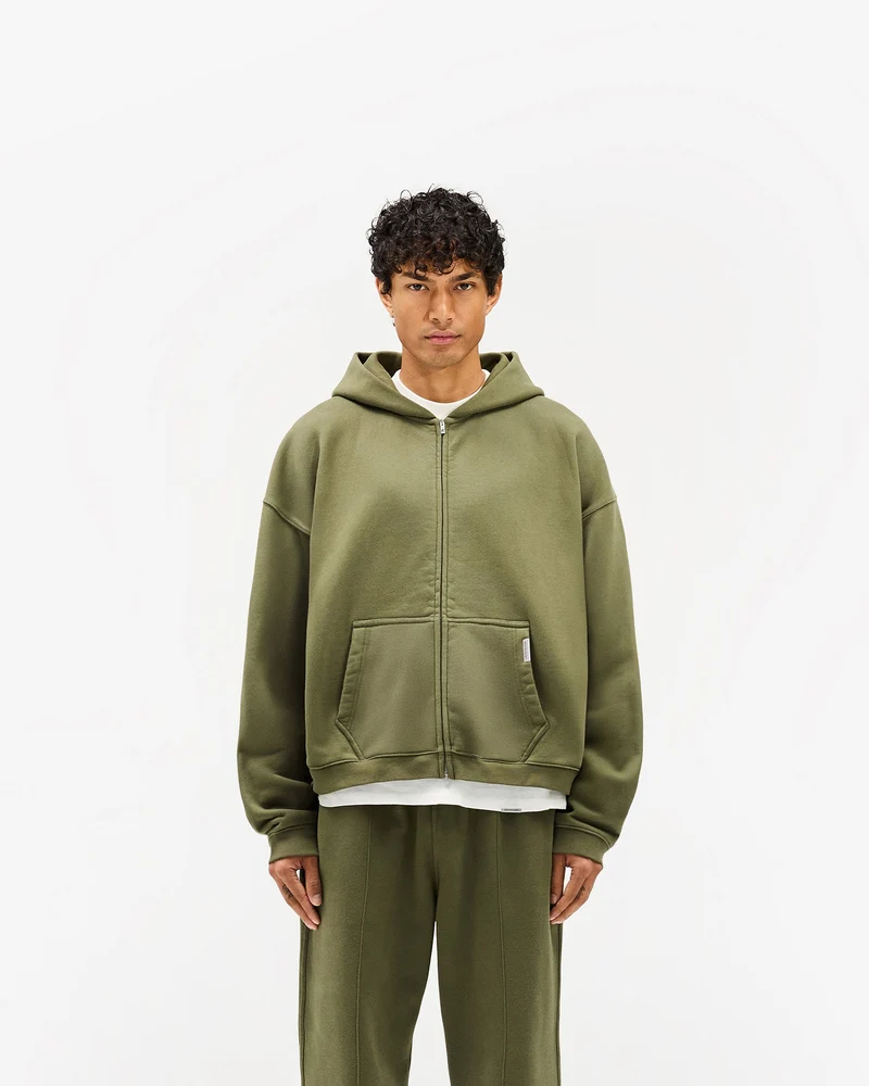 Initial Boxy Zip Through Hoodie - Army Green