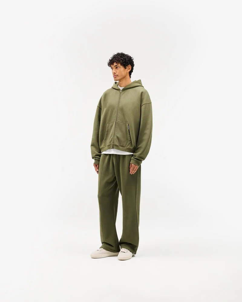 Initial Boxy Zip Through Hoodie - Army Green
