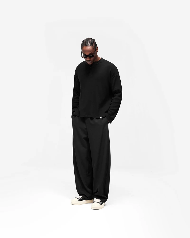 Initial Henley Waffle Long Sleeve T-Shirt - Jet Black