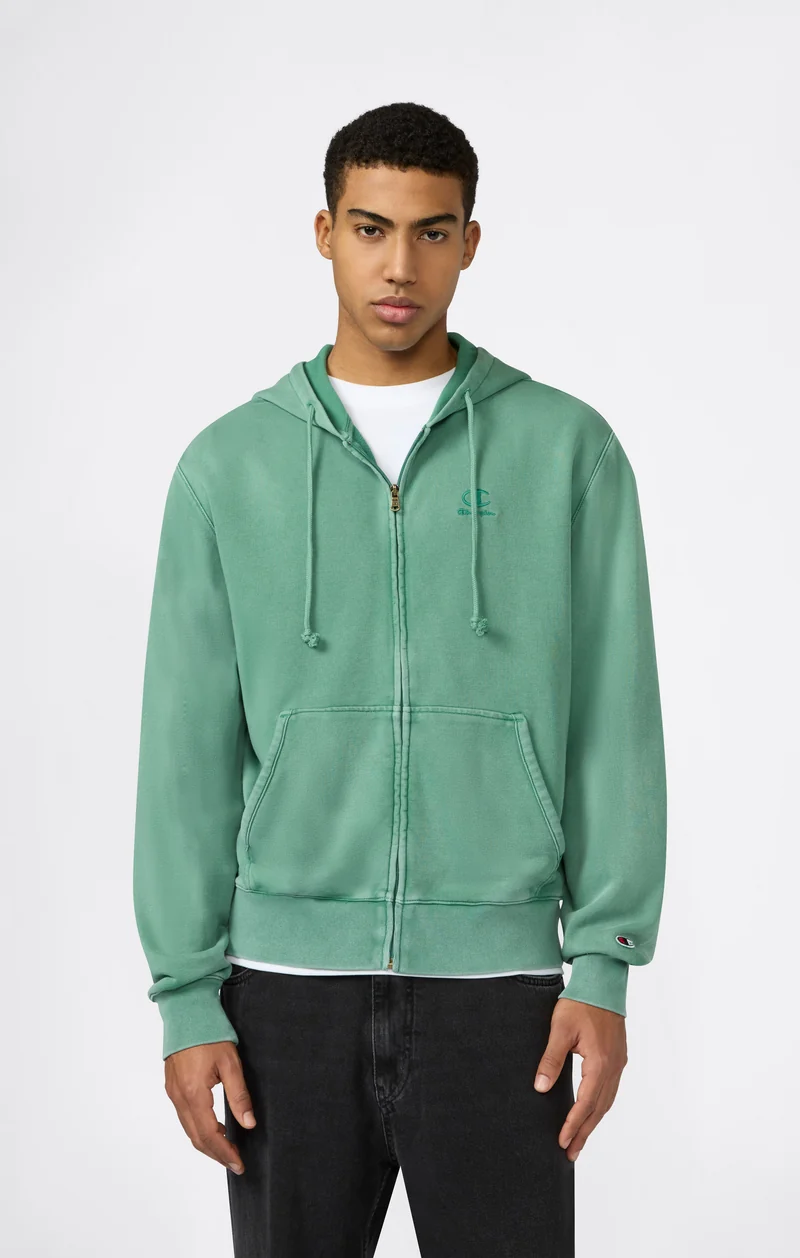 Men’s Full Zip Hooded Sweatshirt with Embroidered Logo and Washed Effect Icons