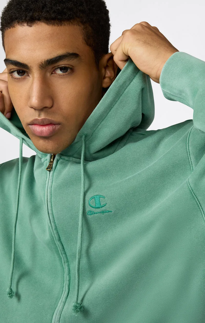 Men’s Full Zip Hooded Sweatshirt with Embroidered Logo and Washed Effect Icons