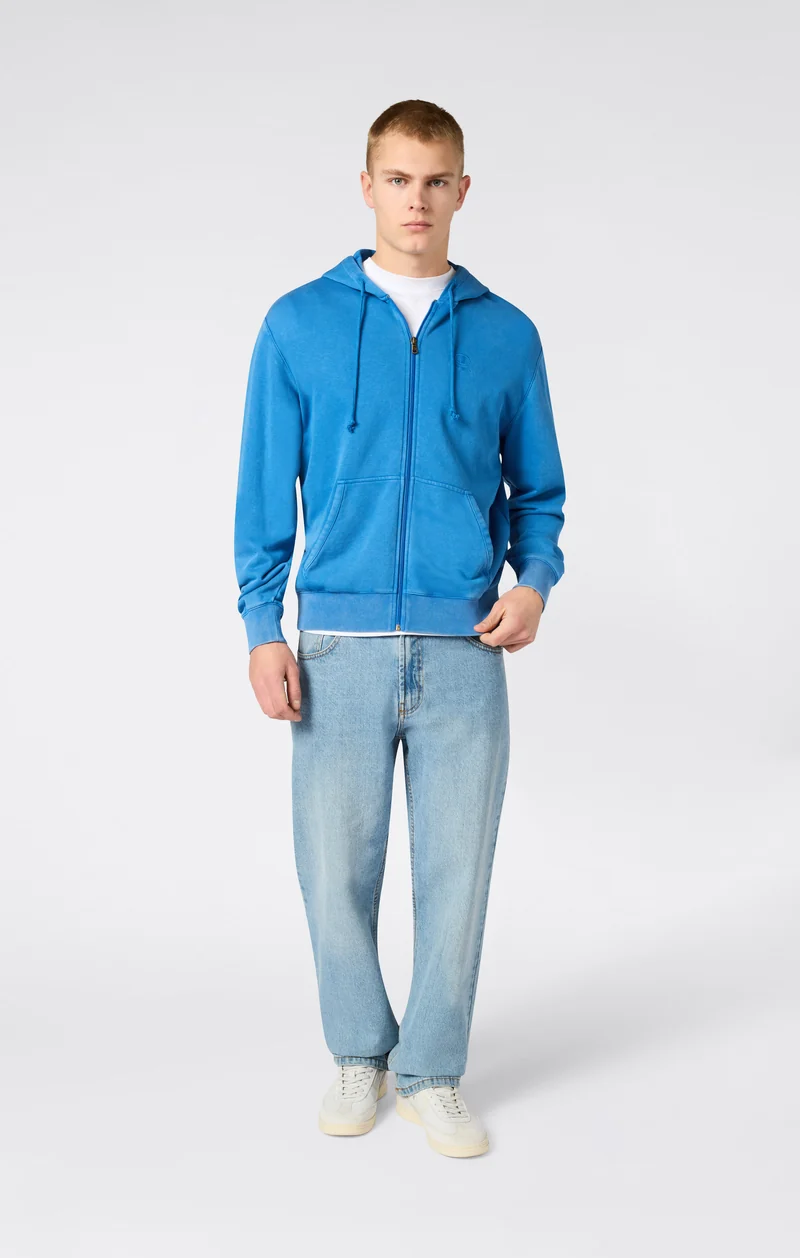 Men’s Full Zip Hooded Sweatshirt with Embroidered Logo and Washed Effect Icons