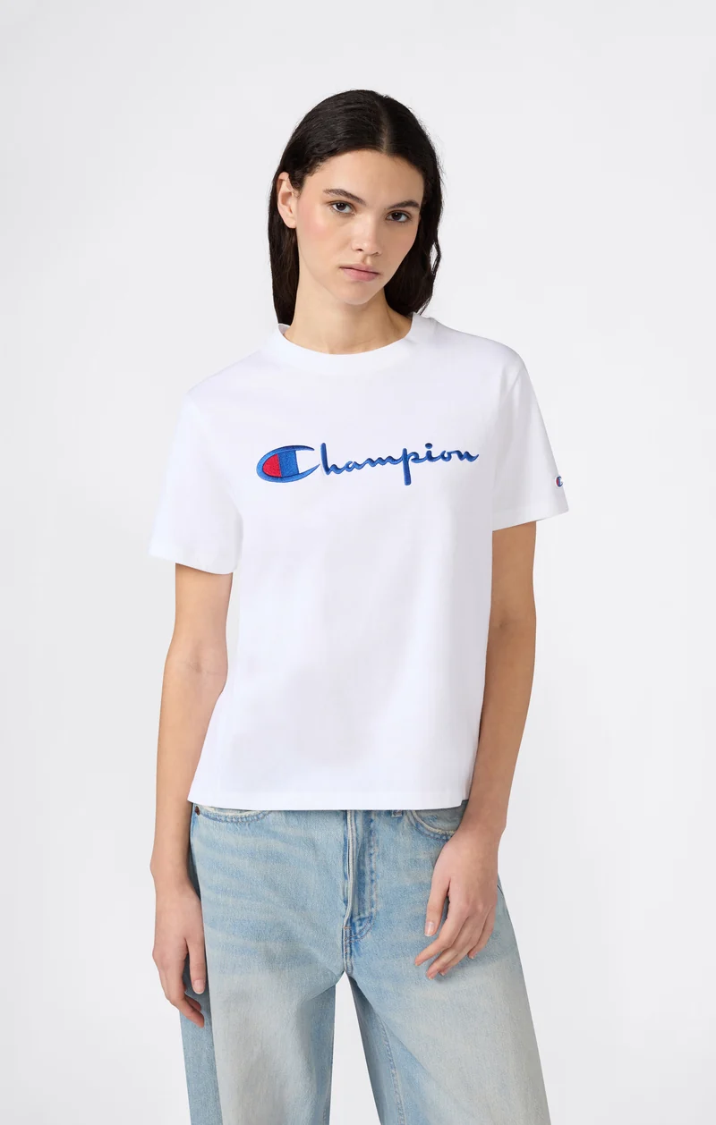 Women’s Reverse Weave Crewneck T-Shirt with Embroidered Logo