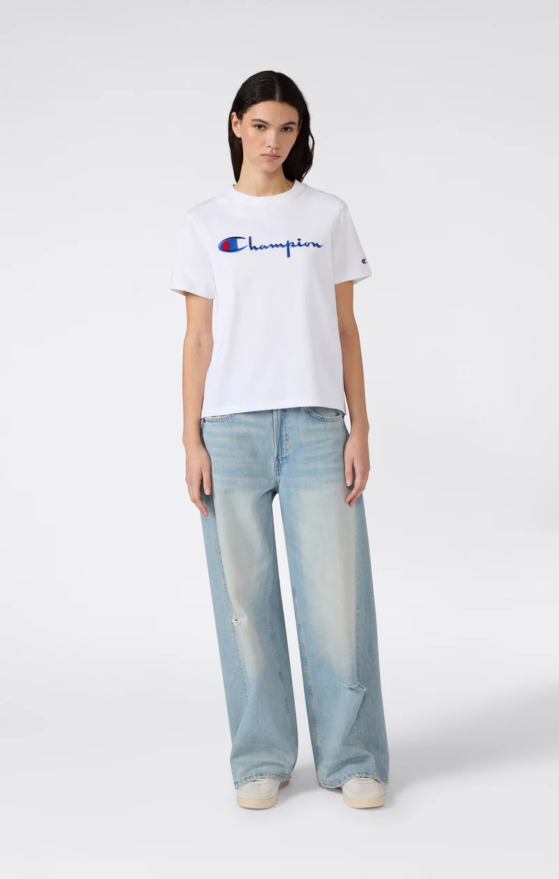 Women’s Reverse Weave Crewneck T-Shirt with Embroidered Logo