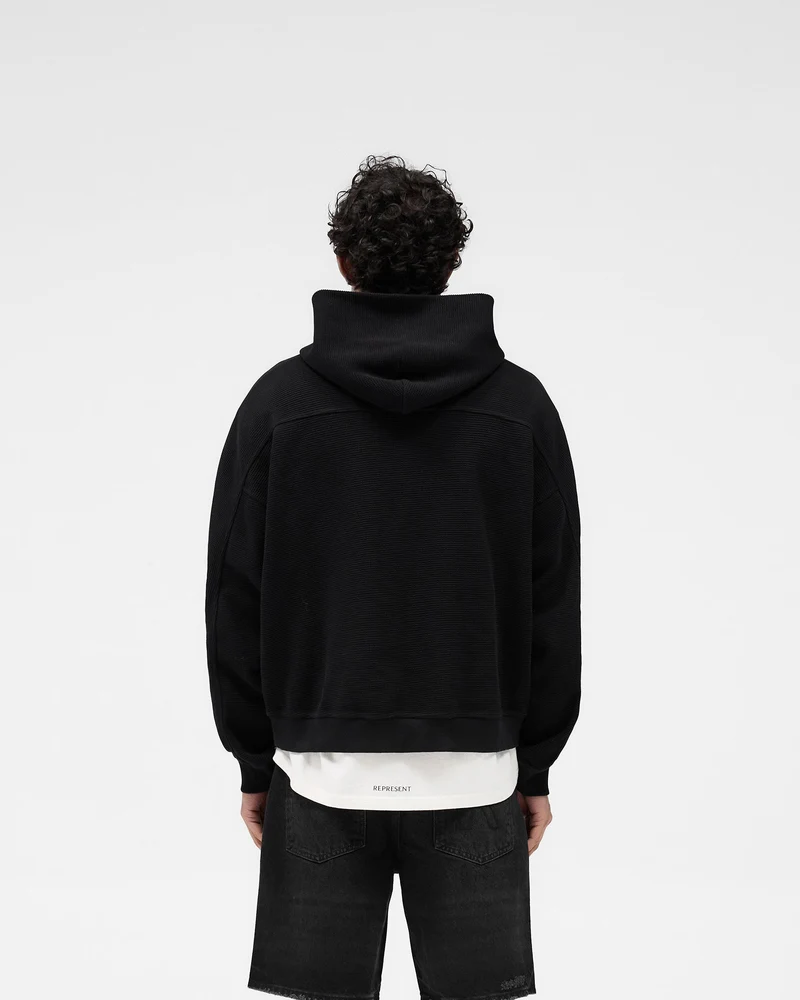 Waffle Zip Through Hoodie - Jet Black