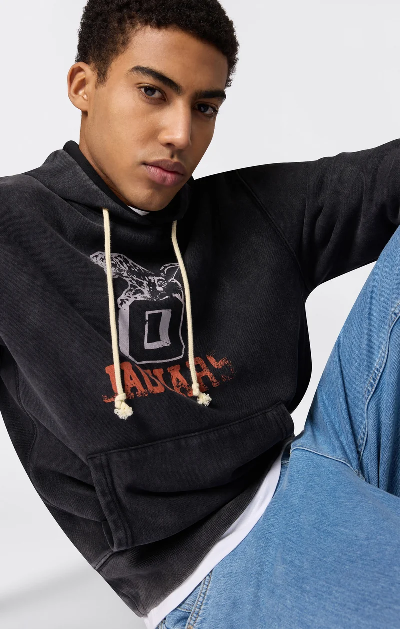 Heavyweight Men's Hooded Sweatshirt with Brushed Interior and Print Reverse Weave