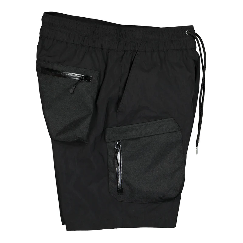 high shrunk nylon cargo shorts