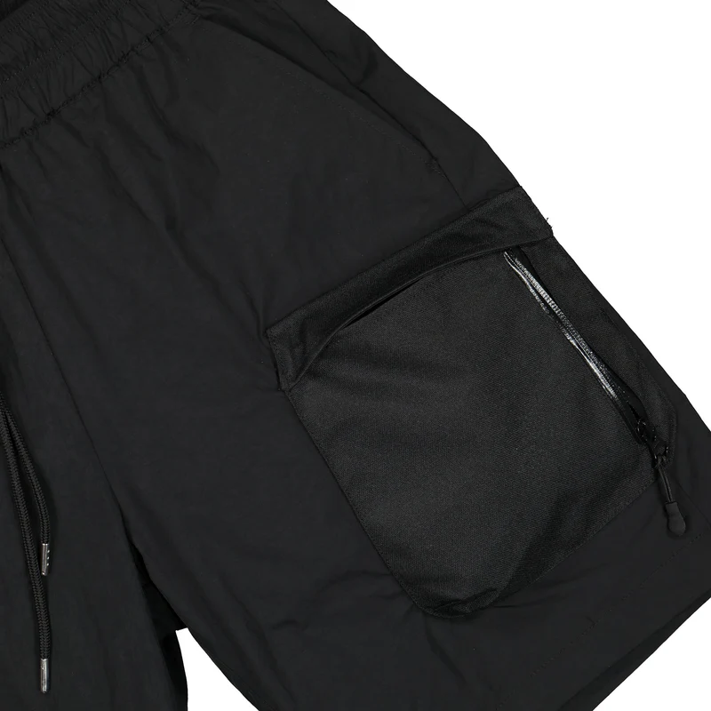 high shrunk nylon cargo shorts